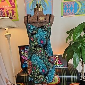 Vintage 1990s Nanette Lepore Silk Peacock Feather Print Strappy Mini Dress Sz 6